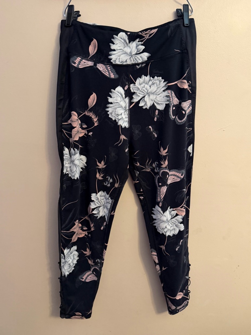 Victoria's Secret Black Leggings with White Floral & Pink Butterfly Print